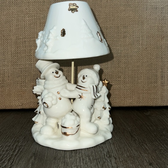 NEW Christmas Snowman Couple Candle Lamp Tea Light Jade Porcelain - Picture 1 of 12